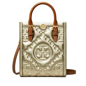 Tory Burch Metallic Puffy Crossbody with Brown Leather Handles